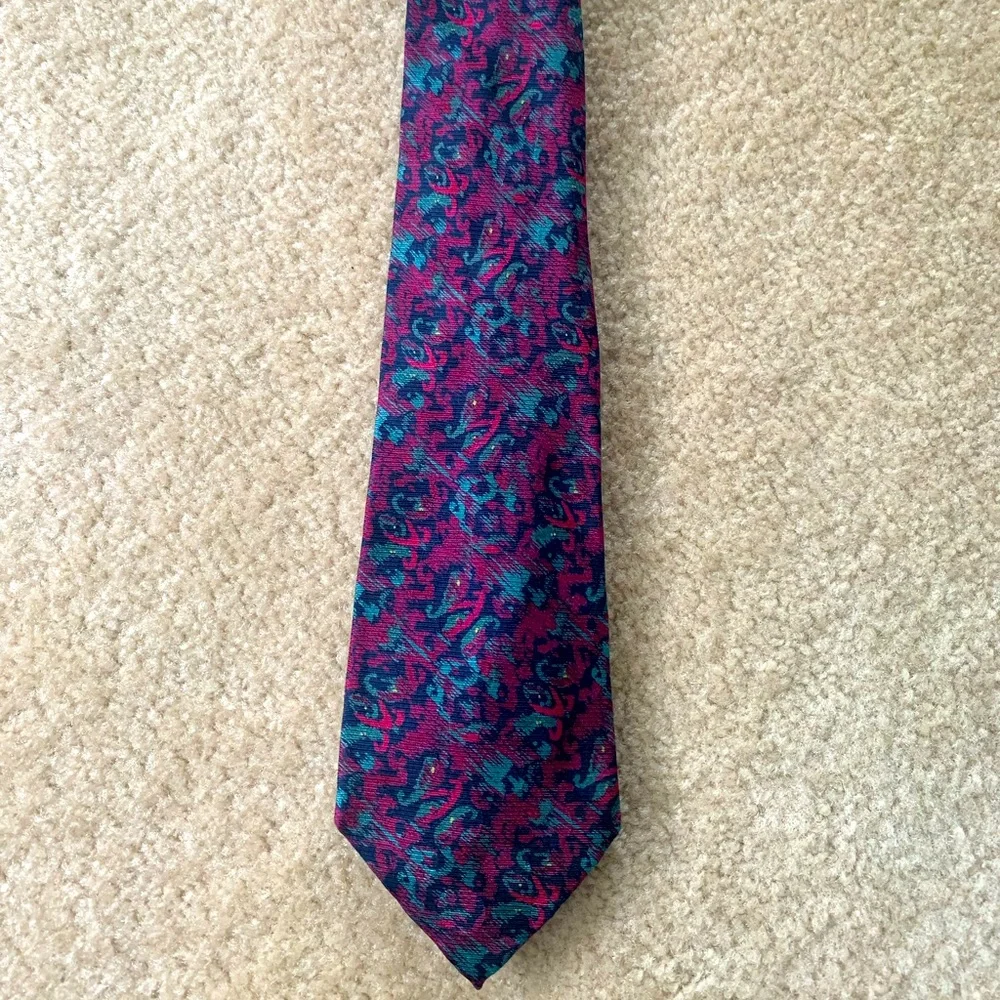 Burberry Teal Navy Blue And Burgundy Silk Tie